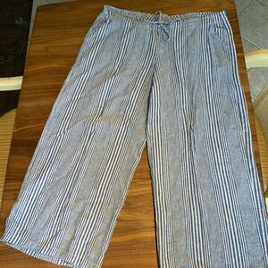 Just Living Pant, wide leg, med rise, cotton/linen, EUC, Sz L, navy wht stripe
